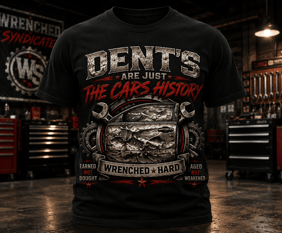 Dents Are Just the Car's History | Wrenched Syndicate Garage Mechanic T-Shirt | Automotive Enthusiast Graphic Tee - Wrenched Syndicate