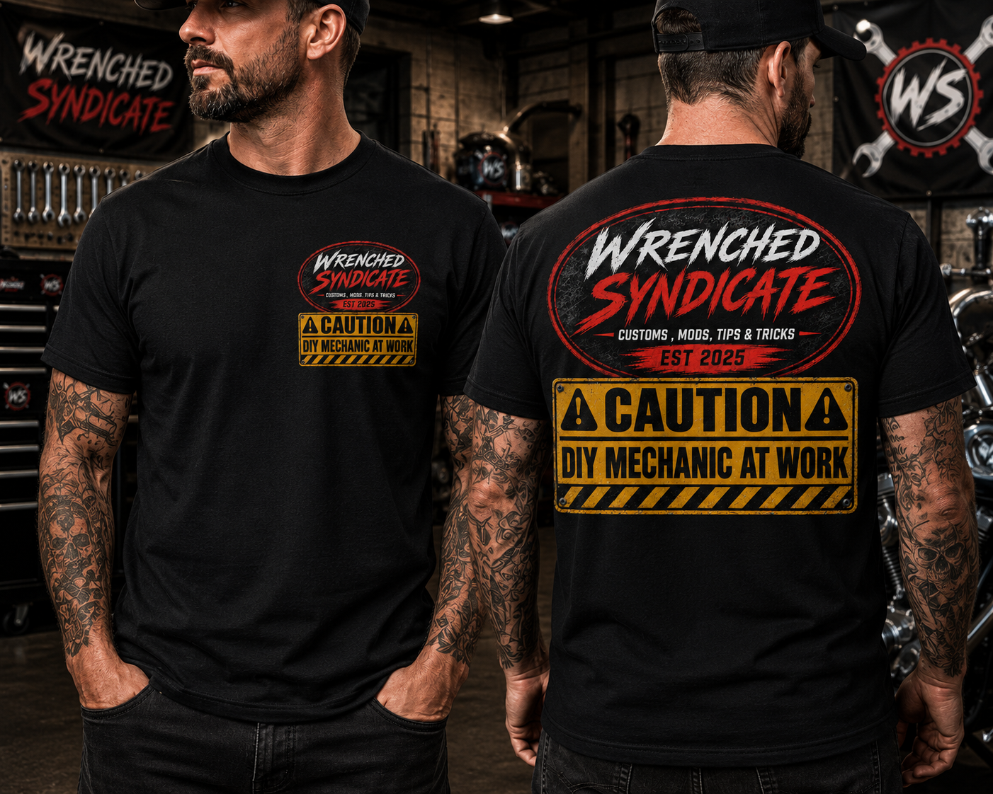 Wrenched Syndicate® CAUTION DIY Mechanic At Work Garage Graphic T-Shirt | Automotive Enthusiast Tee