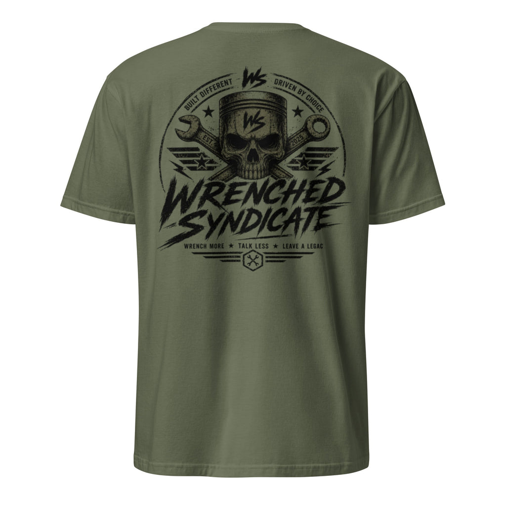 Wrenched Syndicate Built Different Men's Premium Olive T-Shirt | Skull & Piston Graphic Tee - Wrenched Syndicate