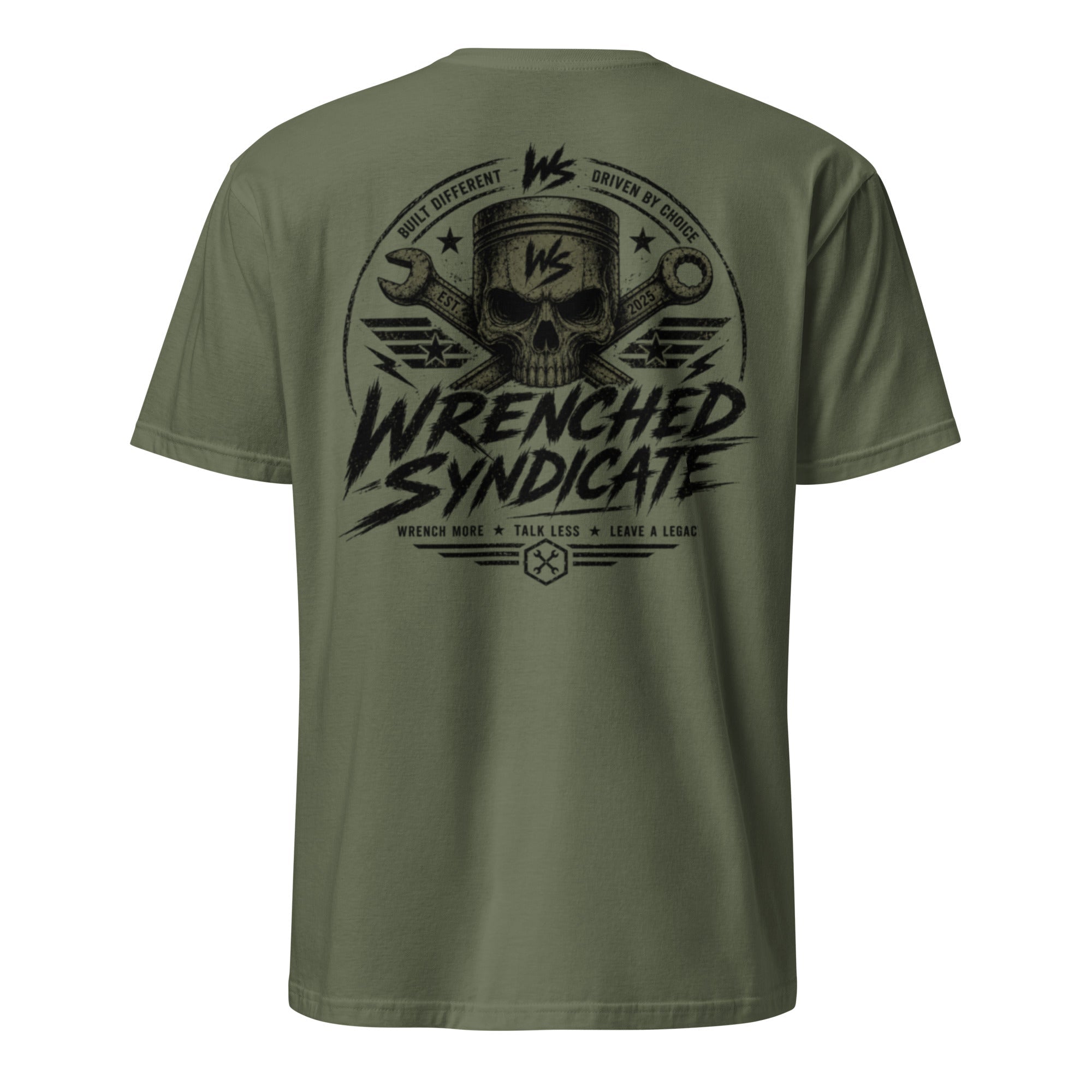 Wrenched Syndicate Built Different Men's Premium Olive T-Shirt | Skull & Piston Graphic Tee - Wrenched Syndicate