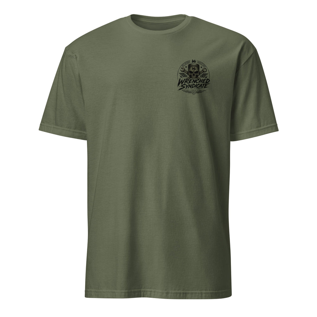 Wrenched Syndicate Built Different Men's Premium Olive T-Shirt | Skull & Piston Graphic Tee - Wrenched Syndicate