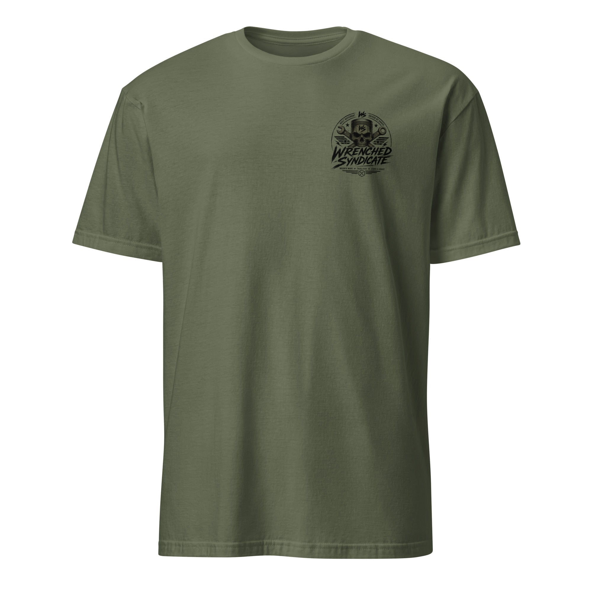 Wrenched Syndicate Built Different Men's Premium Olive T-Shirt | Skull & Piston Graphic Tee - Wrenched Syndicate