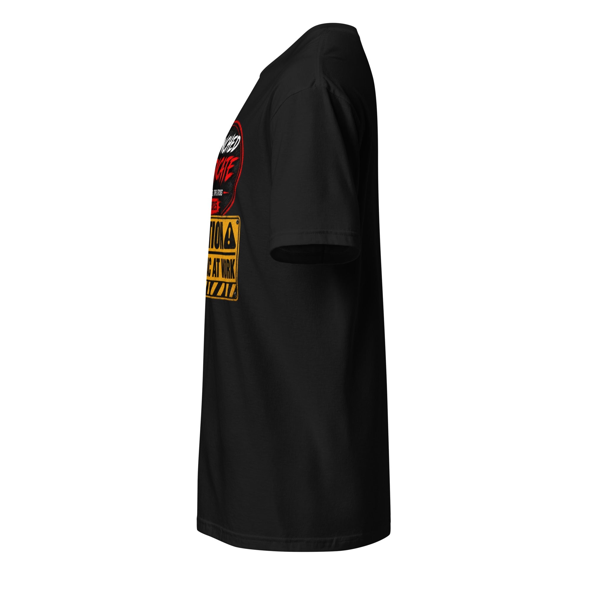 Wrenched Syndicate® CAUTION DIY Mechanic At Work Garage Graphic T-Shirt | Automotive Enthusiast TeeFront Only - Wrenched Syndicate