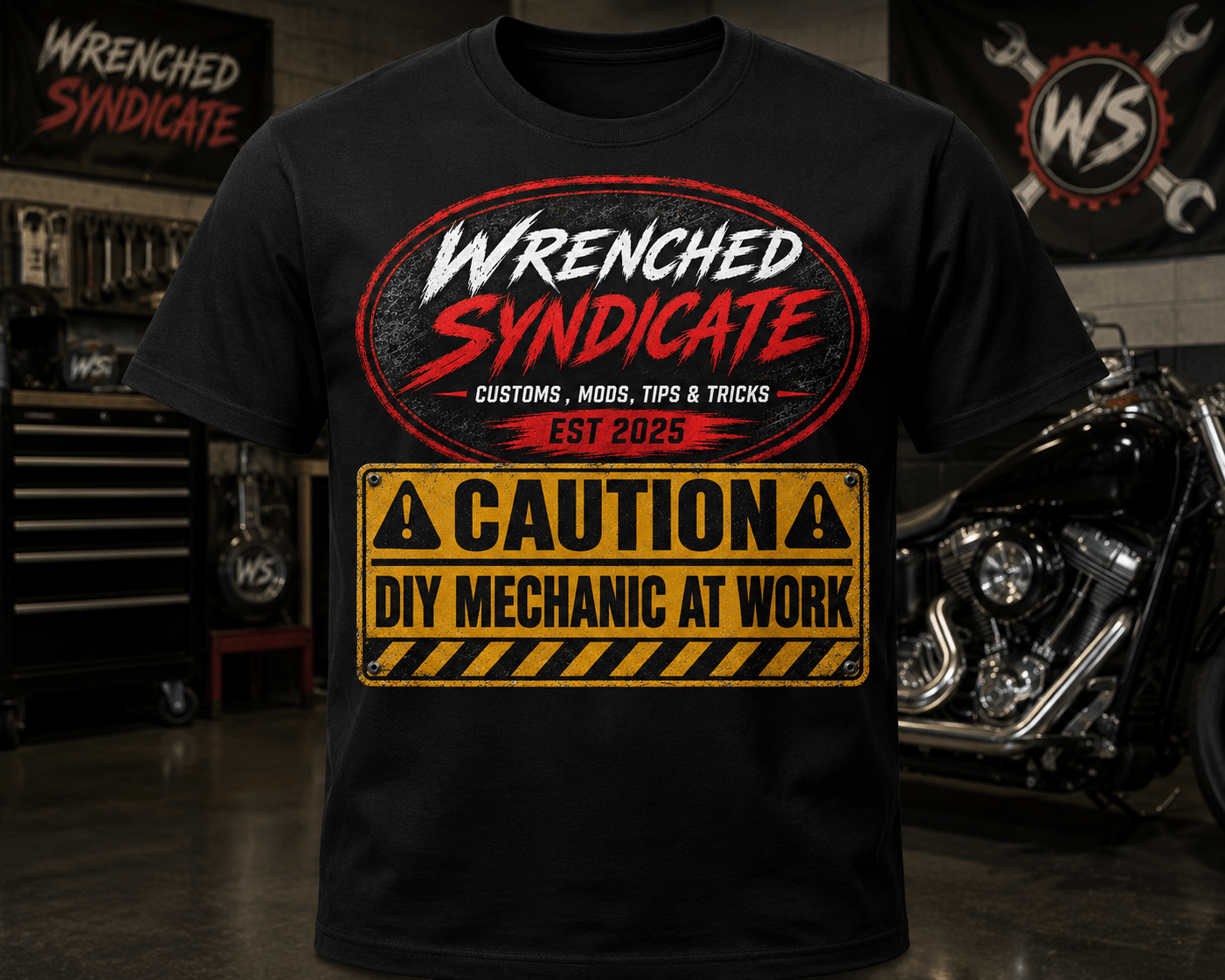 Wrenched Syndicate® CAUTION DIY Mechanic At Work Garage Graphic T-Shirt | Automotive Enthusiast TeeFront Only - Wrenched Syndicate