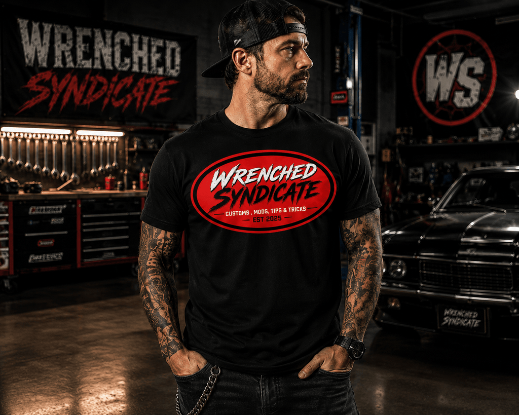 Wrenched Syndicate™ Custom, Mods, Tips & Tricks T-Shirt | Garage Lifestyle Graphic Tee | Est. 2025 - Wrenched Syndicate