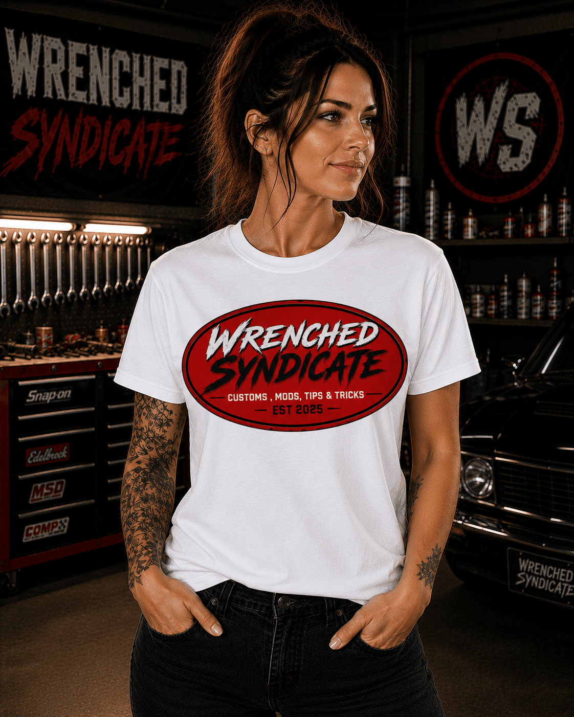 Wrenched Syndicate™ Custom, Mods, Tips & Tricks T-Shirt | Garage Lifestyle Graphic Tee | Est. 2025 - Wrenched Syndicate