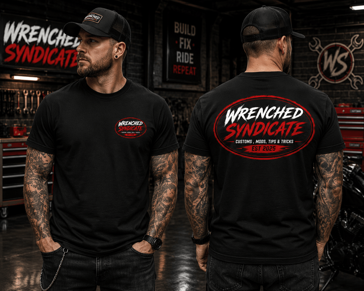 Wrenched Syndicate™ Customs, Mods, Tips & Tricks Premium Graphic Dual Logo T-Shirt – Black - Wrenched Syndicate
