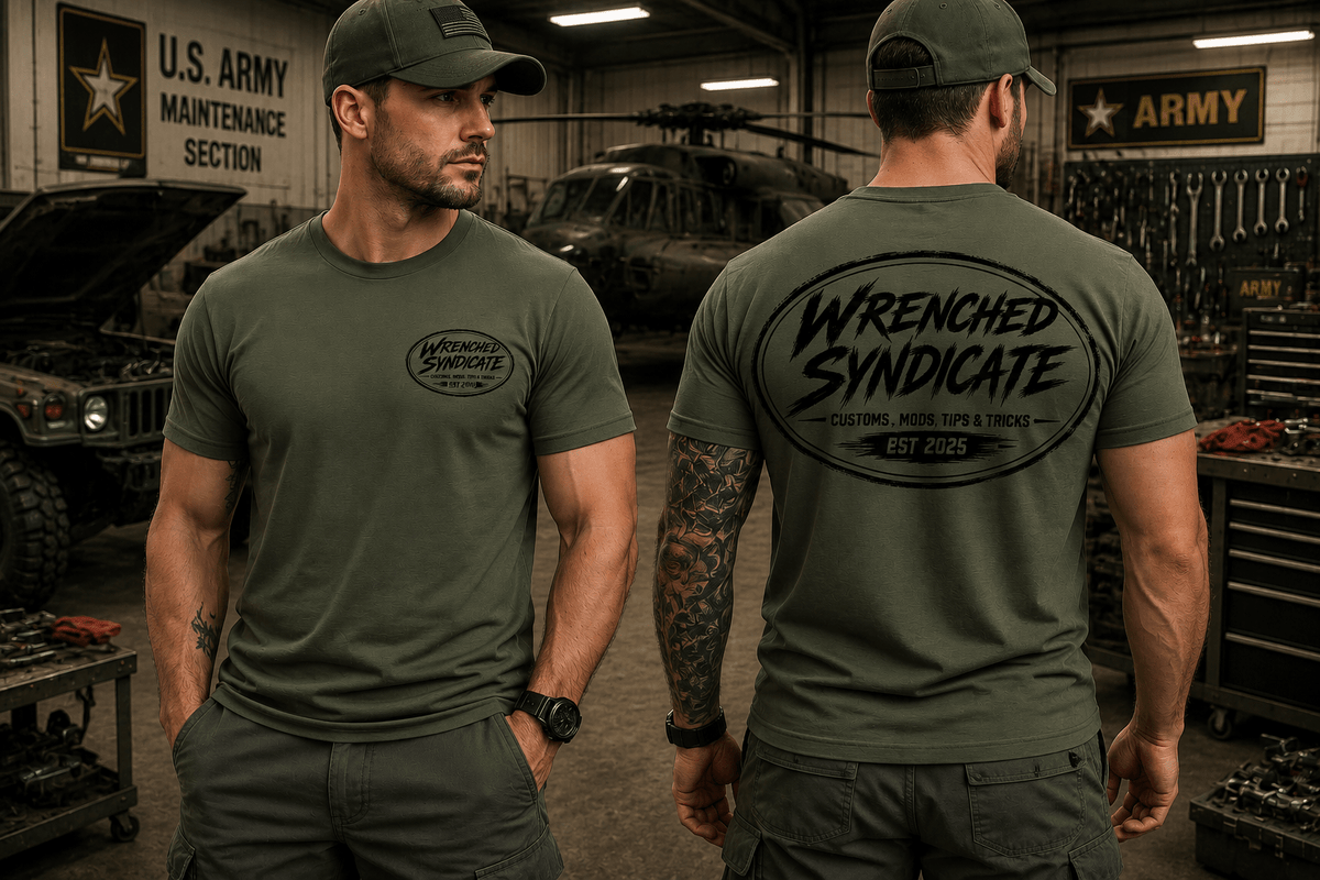 Wrenched Syndicate Mil-Spec Logo T-Shirt | Military Green Tactical Garage Tee | Automotive & Motorcycle Apparel - Wrenched Syndicate