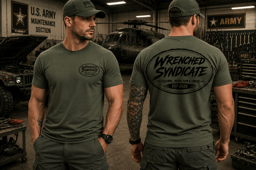Wrenched Syndicate Mil-Spec Logo T-Shirt | Military Green Tactical Garage Tee | Automotive & Motorcycle Apparel - Wrenched Syndicate