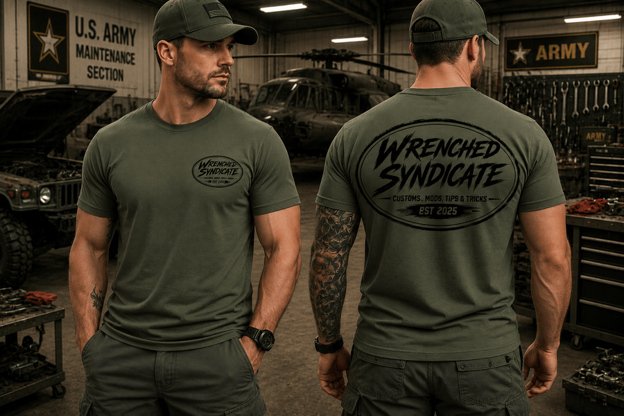 Wrenched Syndicate Mil-Spec Logo T-Shirt | Military Green Tactical Garage Tee | Automotive & Motorcycle Apparel - Wrenched Syndicate