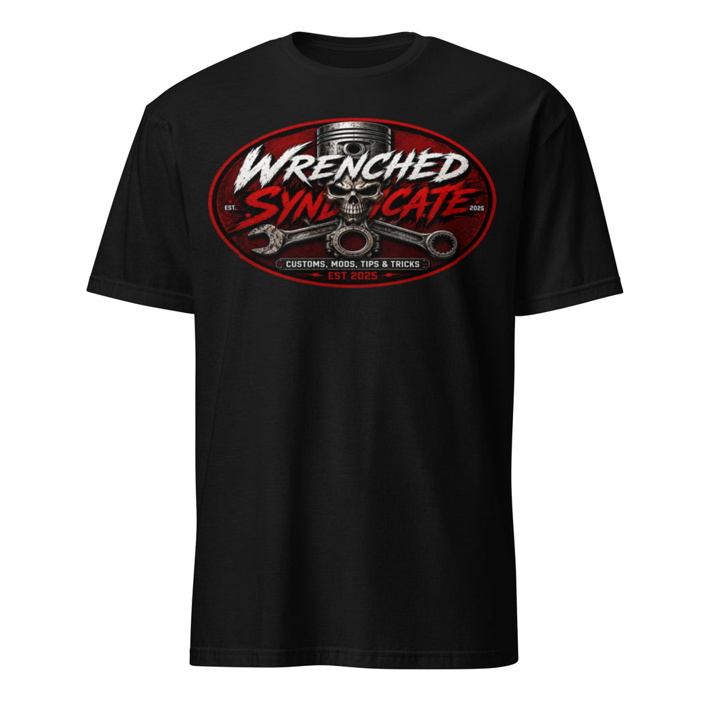 Wrenched Syndicate™ Skull & Piston Front Only Logo T-Shirt | Customs, Mods, Tips & Tricks | Premium Garage Graphic Tee - Wrenched Syndicate