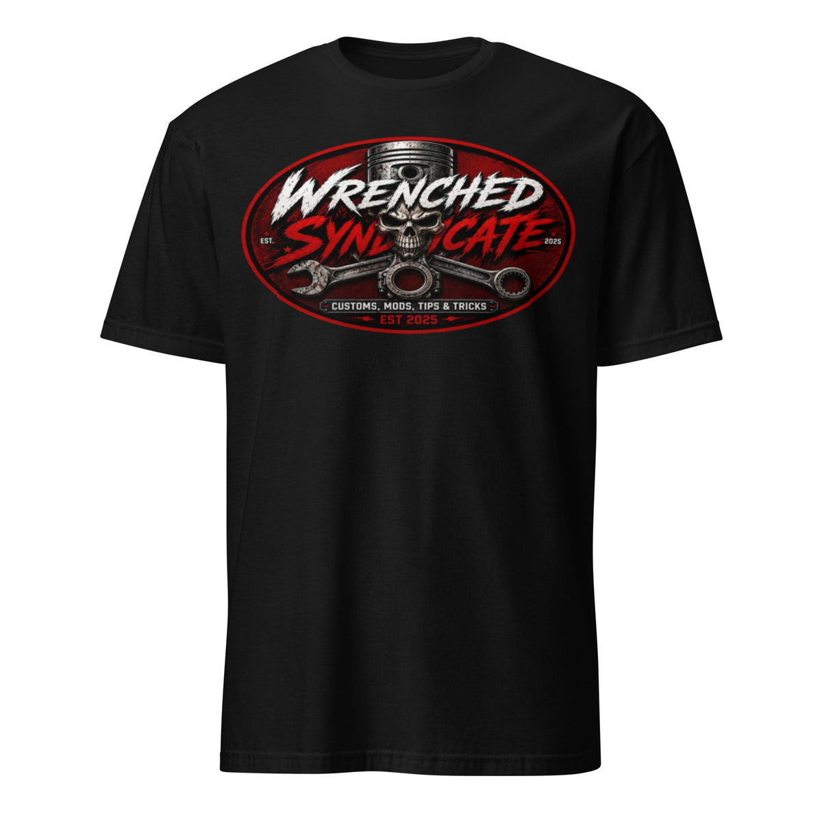 Wrenched Syndicate™ Skull & Piston Front Only Logo T-Shirt | Customs, Mods, Tips & Tricks | Premium Garage Graphic Tee - Wrenched Syndicate