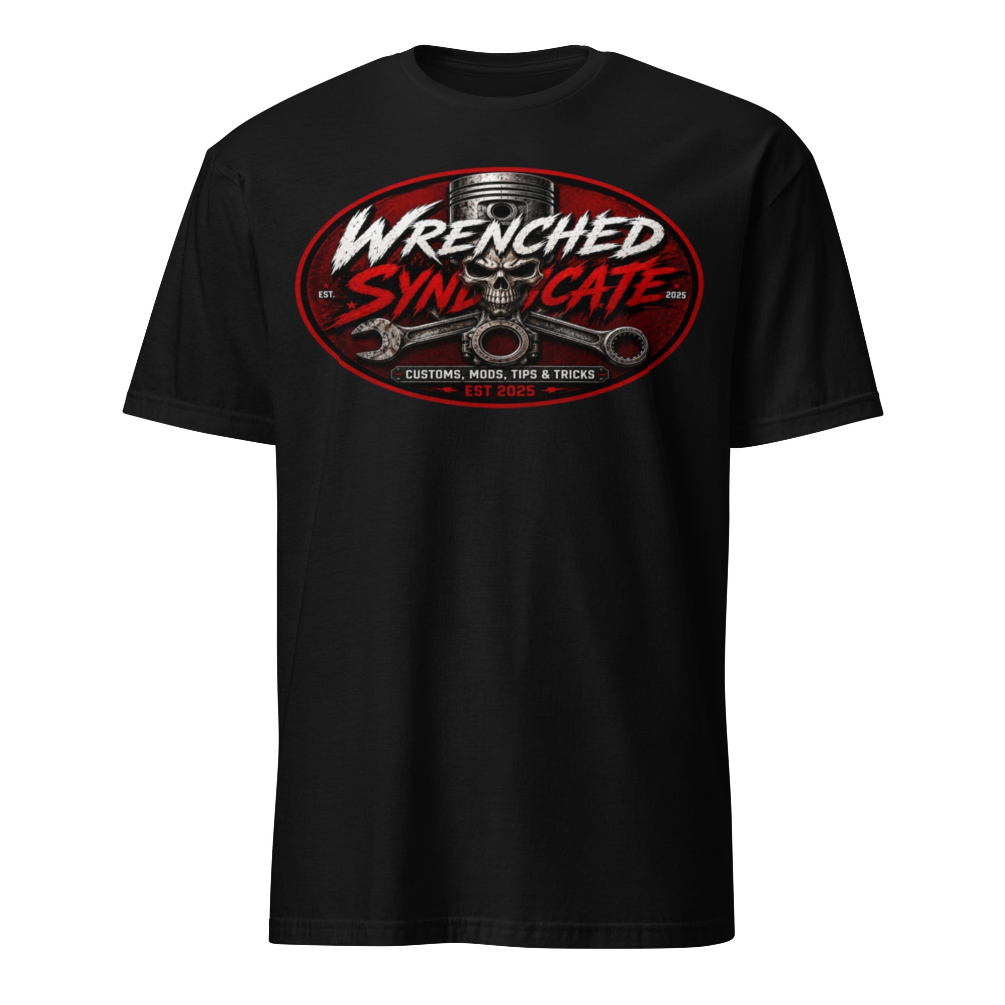Wrenched Syndicate™ Skull & Piston Front Only Logo T-Shirt | Customs, Mods, Tips & Tricks | Premium Garage Graphic Tee - Wrenched Syndicate
