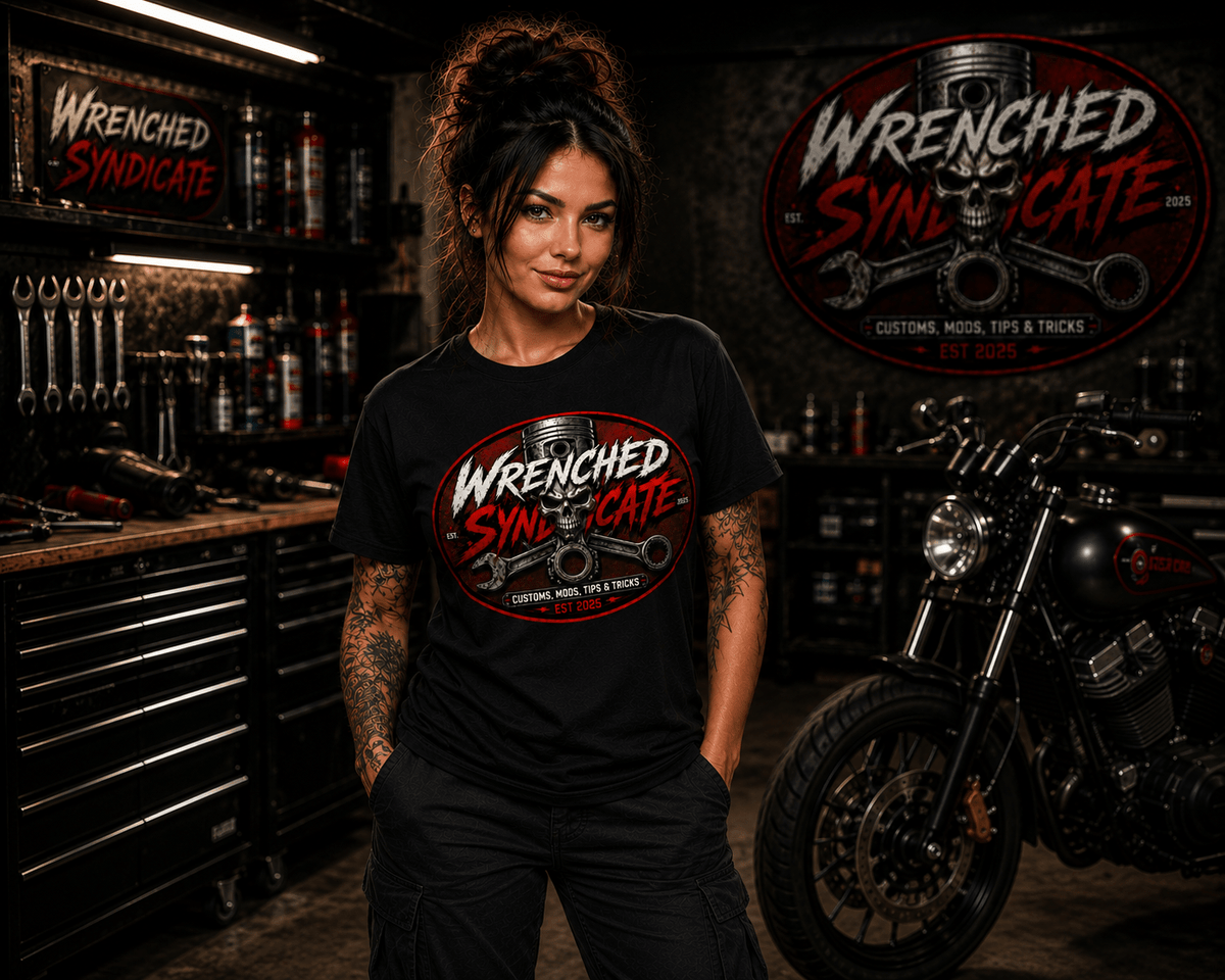 Wrenched Syndicate™ Skull & Piston Front Only Logo T-Shirt | Customs, Mods, Tips & Tricks | Premium Garage Graphic Tee - Wrenched Syndicate