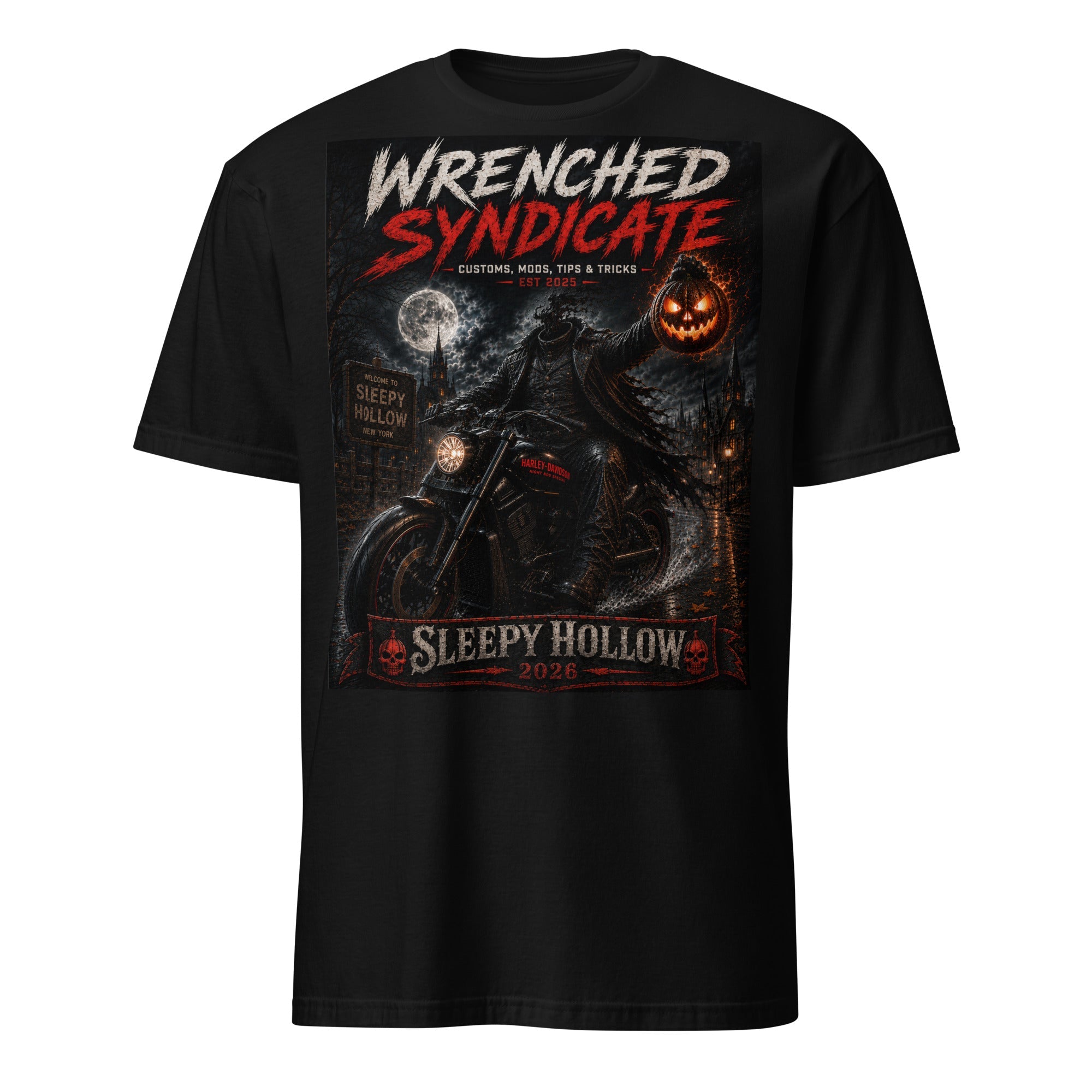 Wrenched Syndicate® Sleepy Hollow 2026 Headless Rider Front Print T-Shirt - Wrenched Syndicate