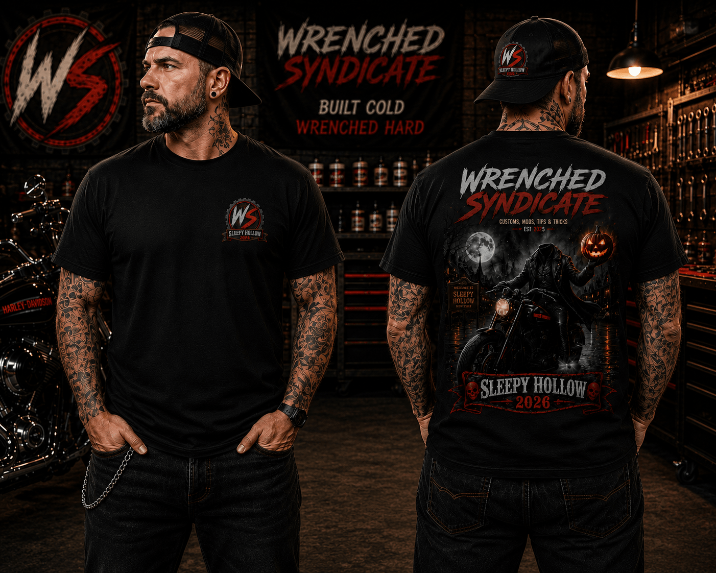 Wrenched Syndicate® Sleepy Hollow 2026 Headless Rider Front & Rear Print T-Shirt - Wrenched Syndicate