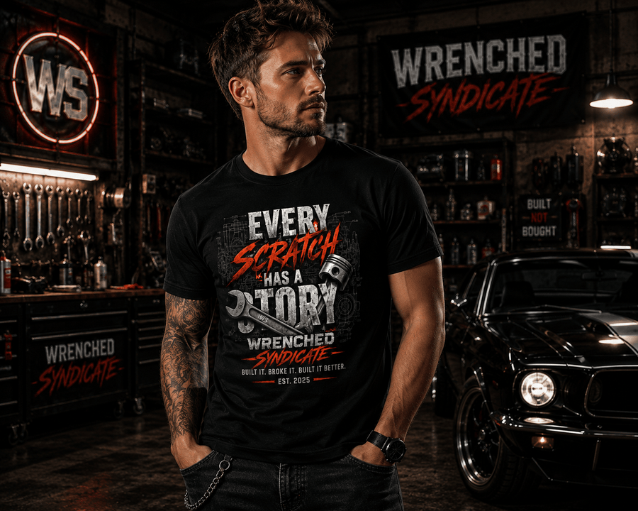 WS™ Every Scratch Has A Story Front Print Only Tee - Wrenched Syndicate
