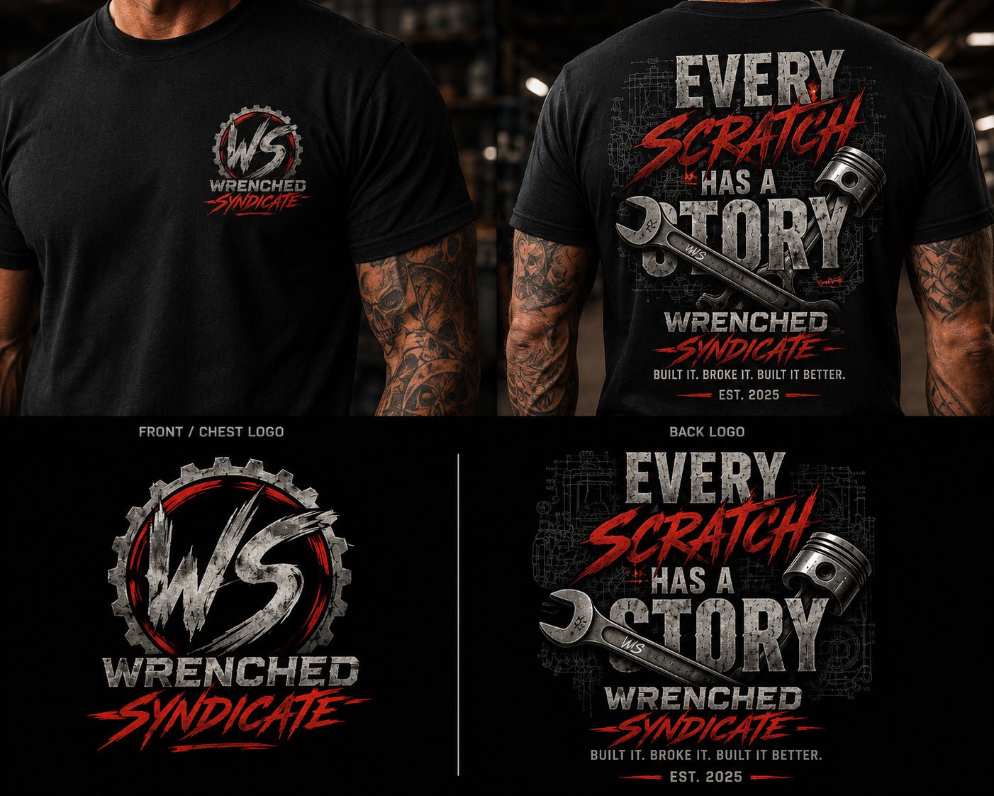 WS™ Every Scratch Has A Story Garage T-Shirt | Wrenched Syndicate Premium Heavyweight Tee | Mechanic, Car & Motorcycle Apparel - Wrenched Syndicate