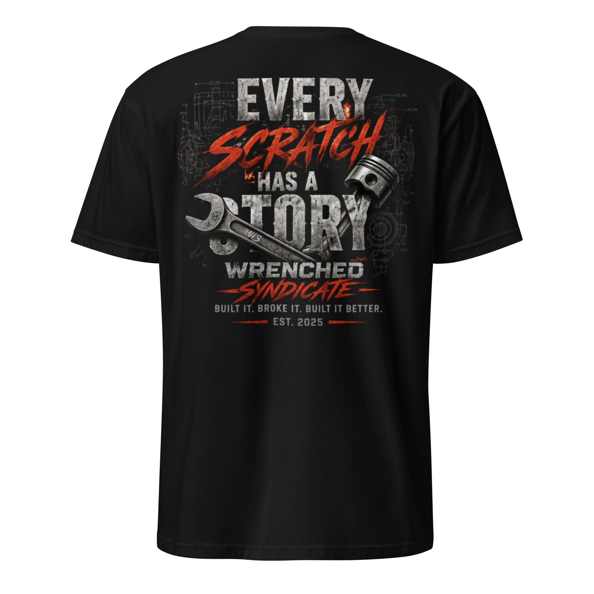 WS™ Every Scratch Has A Story Garage T-Shirt | Wrenched Syndicate Premium Heavyweight Tee | Mechanic, Car & Motorcycle Apparel - Wrenched Syndicate